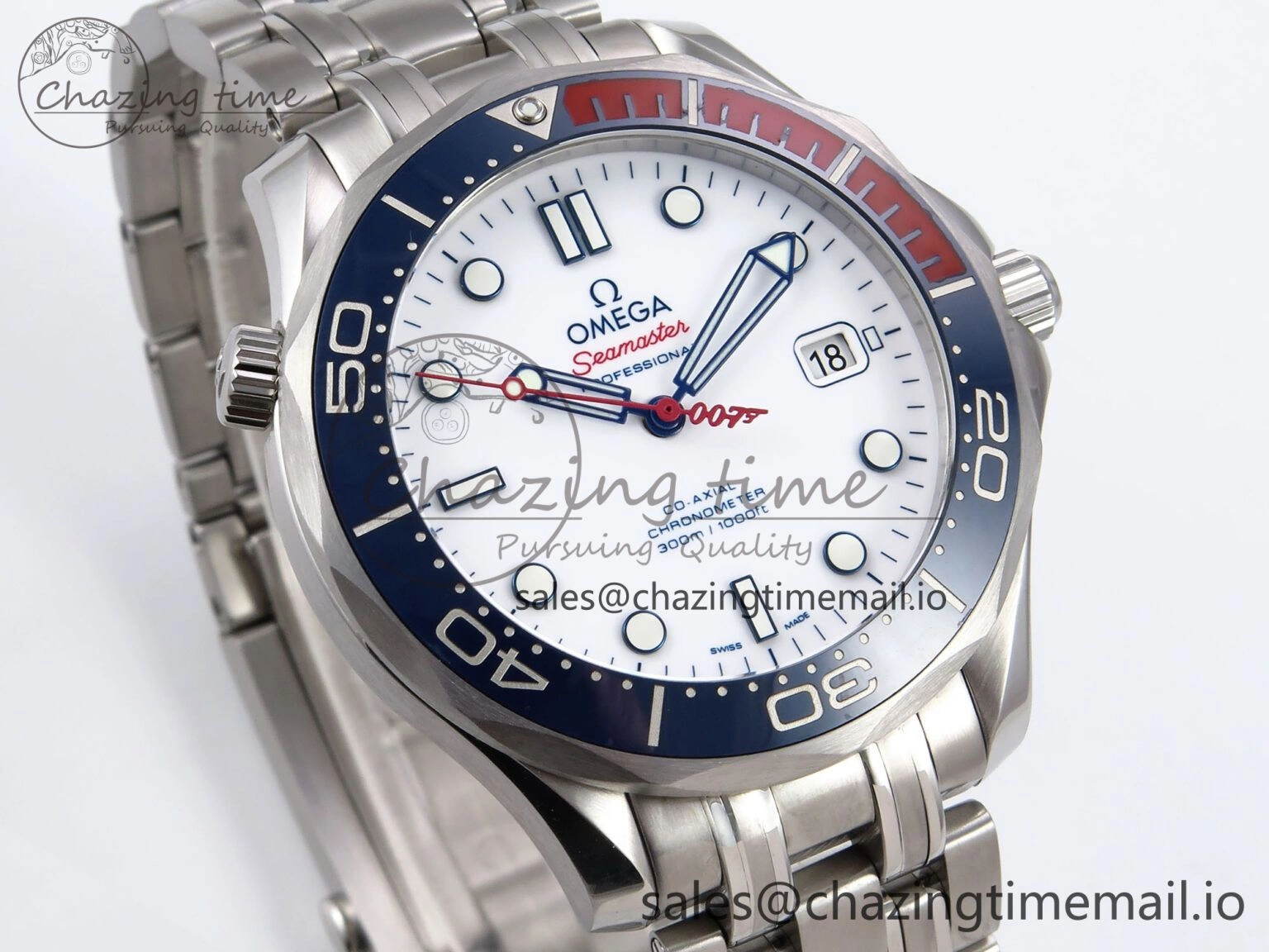 Seamaster Diver 300M OMF 1:1 Best Edition Blue Red Ceramic White Dial on SS Bracelet A SmoothTexture 7705