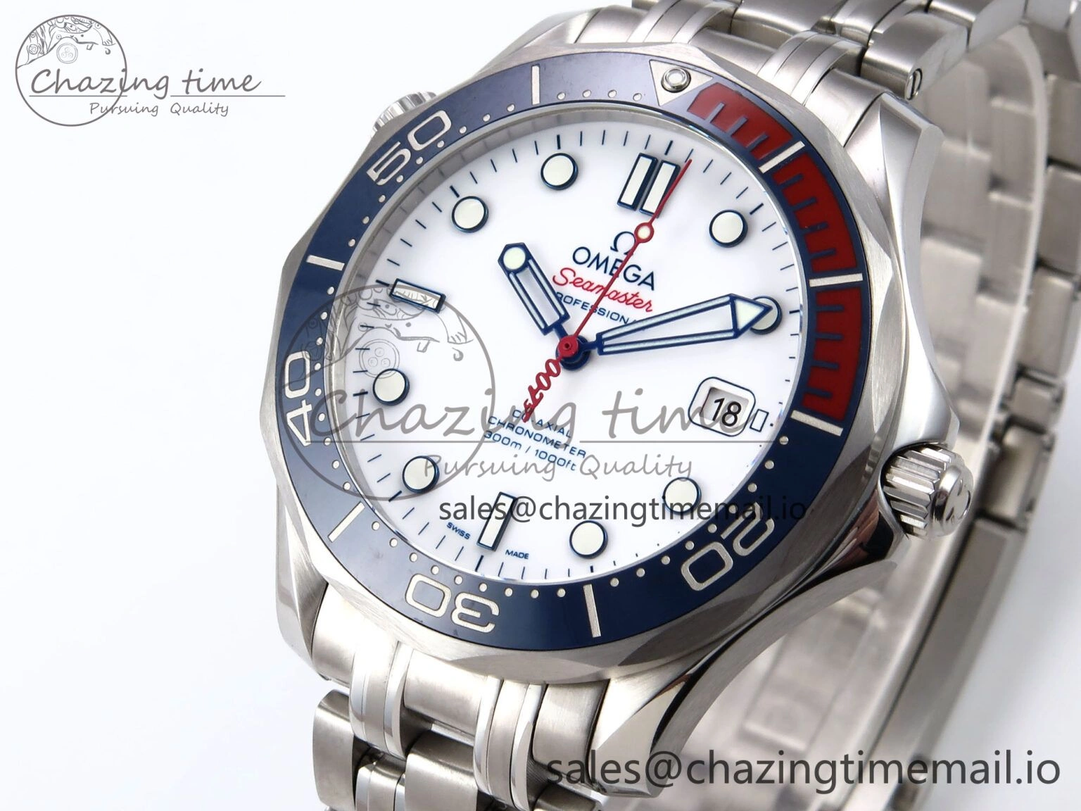 Seamaster Diver 300M OMF 1:1 Best Edition Blue Red Ceramic White Dial on SS Bracelet A SmoothTexture 7705