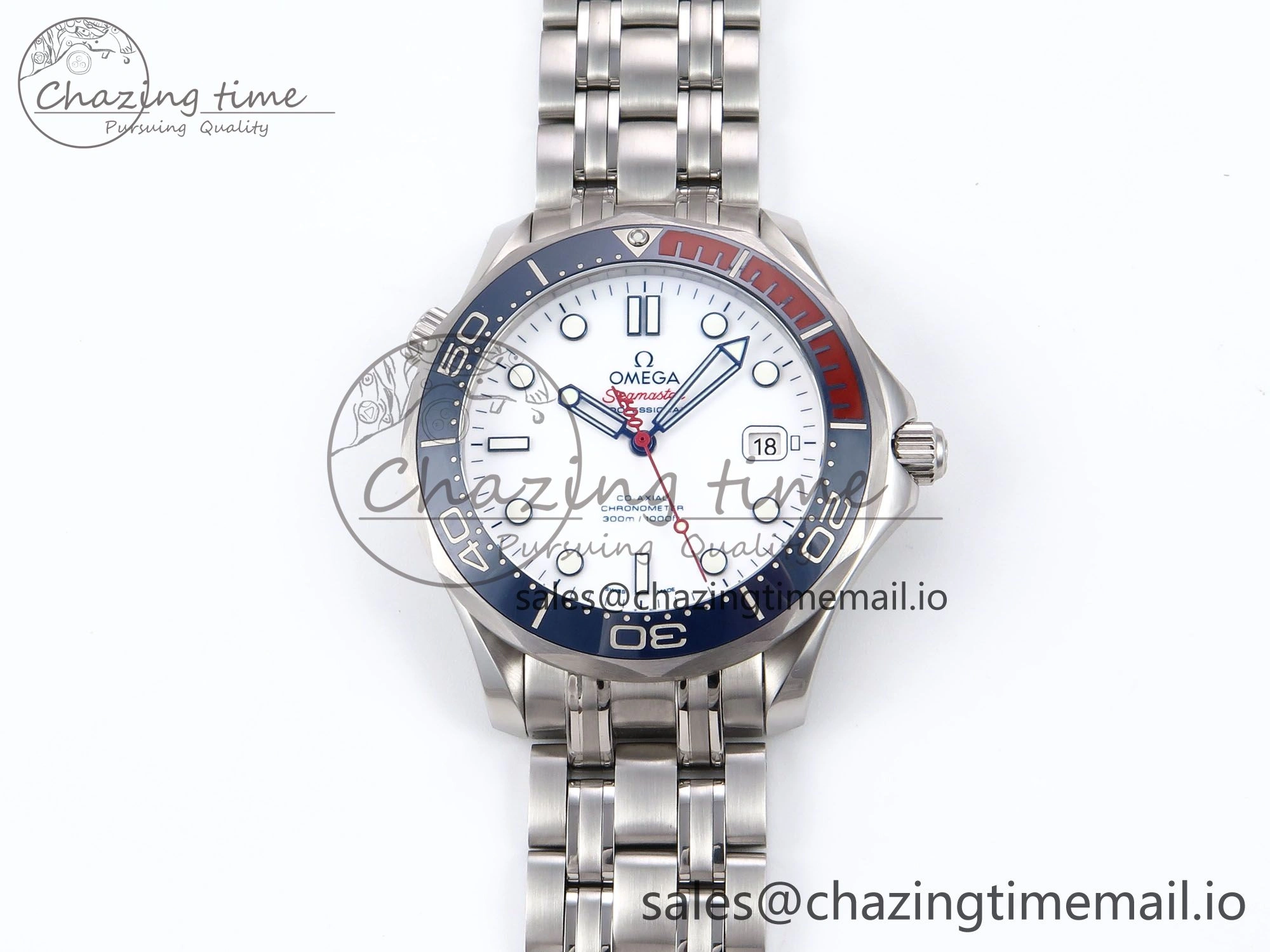 Seamaster Diver 300M OMF 1:1 Best Edition Blue Red Ceramic White Dial on SS Bracelet A SmoothTexture 7705
