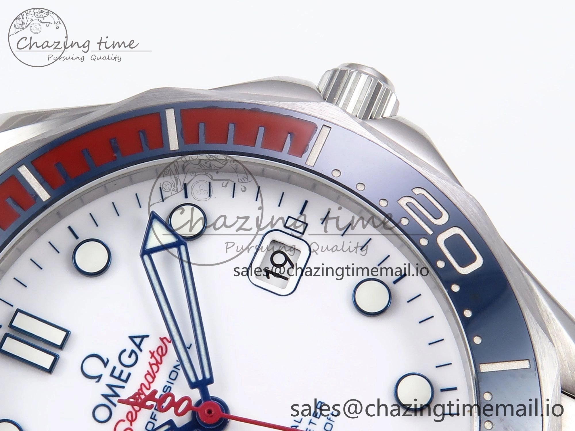 Seamaster Diver 300M OMF 1:1 Best Edition Blue Red Ceramic White Dial on SS Bracelet A SmoothTexture 7705
