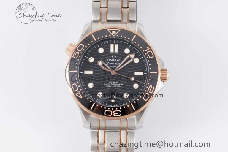 EyeCatching Seamaster Diver 300M SS RG Black Ceramic Bezel JVSF 1:1 Best Edition Black Dial on SS RG Bracelet A 7786