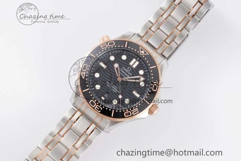 EyeCatching Seamaster Diver 300M SS RG Black Ceramic Bezel JVSF 1:1 Best Edition Black Dial on SS RG Bracelet A 7786