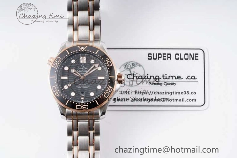EyeCatching Seamaster Diver 300M SS RG Black Ceramic Bezel JVSF 1:1 Best Edition Black Dial on SS RG Bracelet A 7786