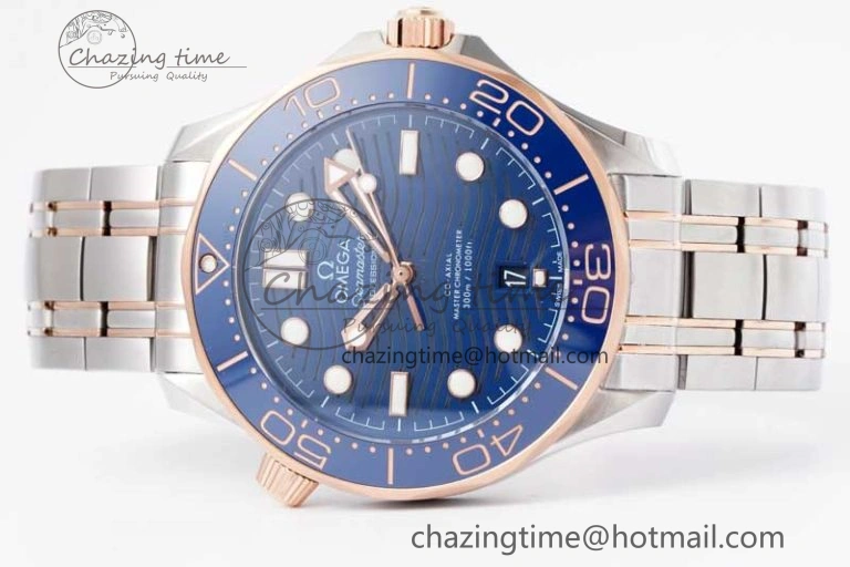 SunProtective Seamaster Diver 300M SS RG Blue Ceramic Bezel JVSF 1:1 Best Edition Blue Dial on SS RG Bracelet A 7785