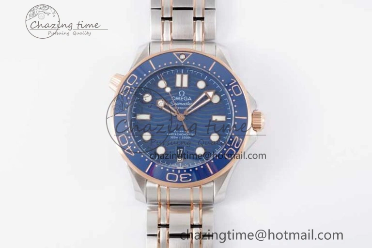 SunProtective Seamaster Diver 300M SS RG Blue Ceramic Bezel JVSF 1:1 Best Edition Blue Dial on SS RG Bracelet A 7785