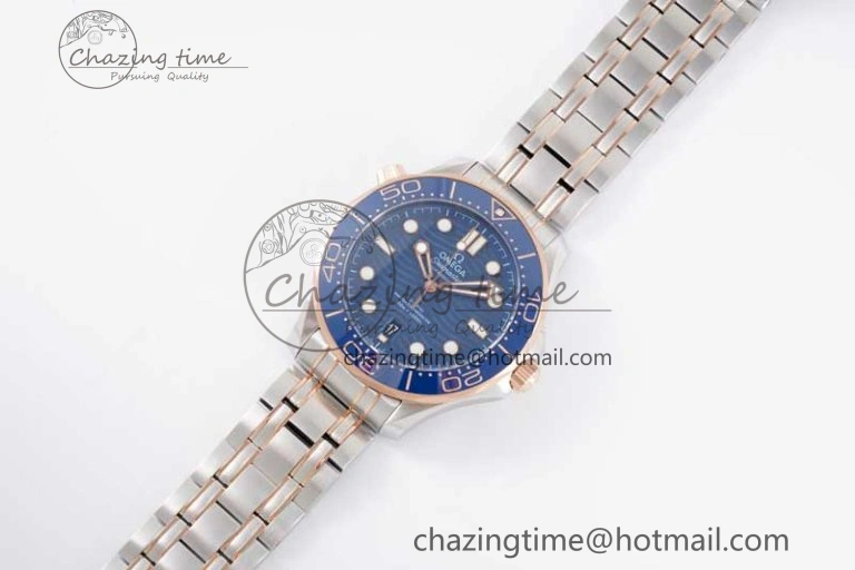SunProtective Seamaster Diver 300M SS RG Blue Ceramic Bezel JVSF 1:1 Best Edition Blue Dial on SS RG Bracelet A 7785