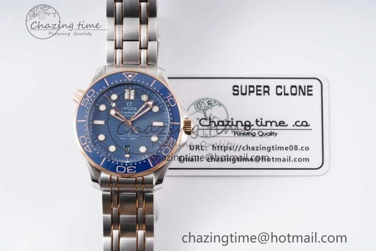 SunProtective Seamaster Diver 300M SS RG Blue Ceramic Bezel JVSF 1:1 Best Edition Blue Dial on SS RG Bracelet A 7785