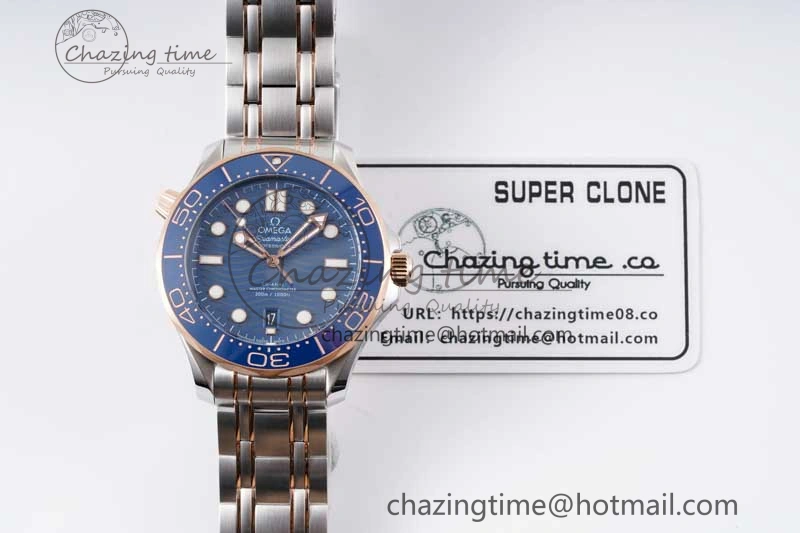 SunProtective Seamaster Diver 300M SS RG Blue Ceramic Bezel JVSF 1:1 Best Edition Blue Dial on SS RG Bracelet A 7785
