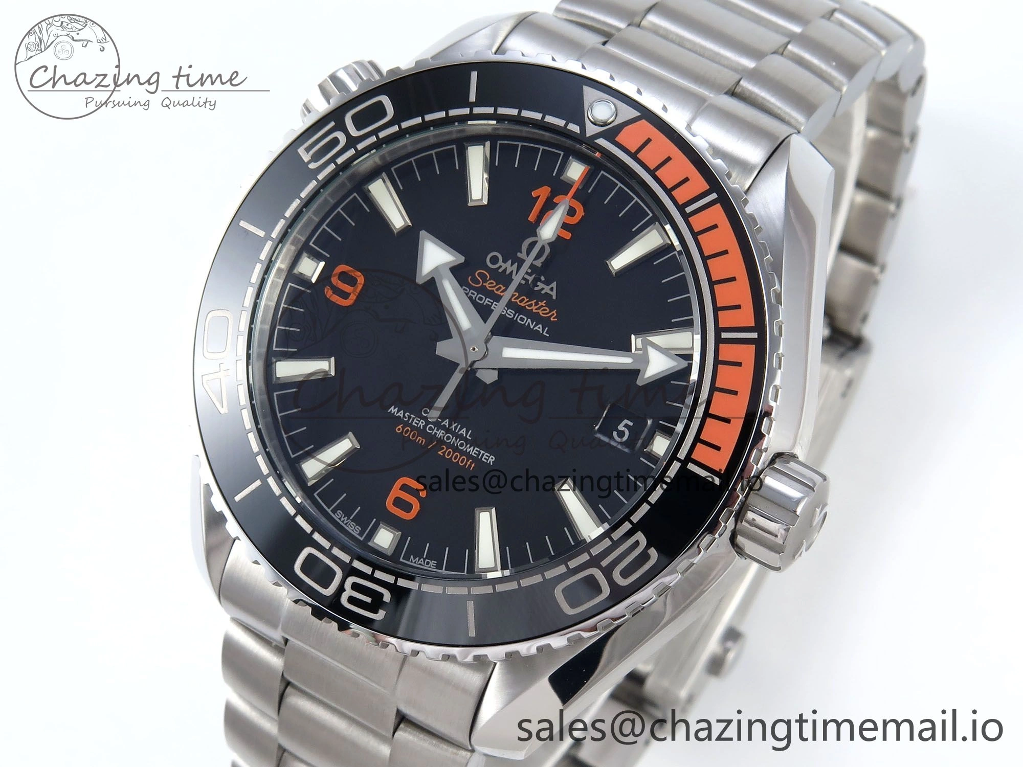 Seamaster Planet Ocean 600M 43.5mm SS SCF 1:1 Best Edition Black Orange Bezel Black Dial on SS Bracelet A8900 Super Clone NewStyle 7682