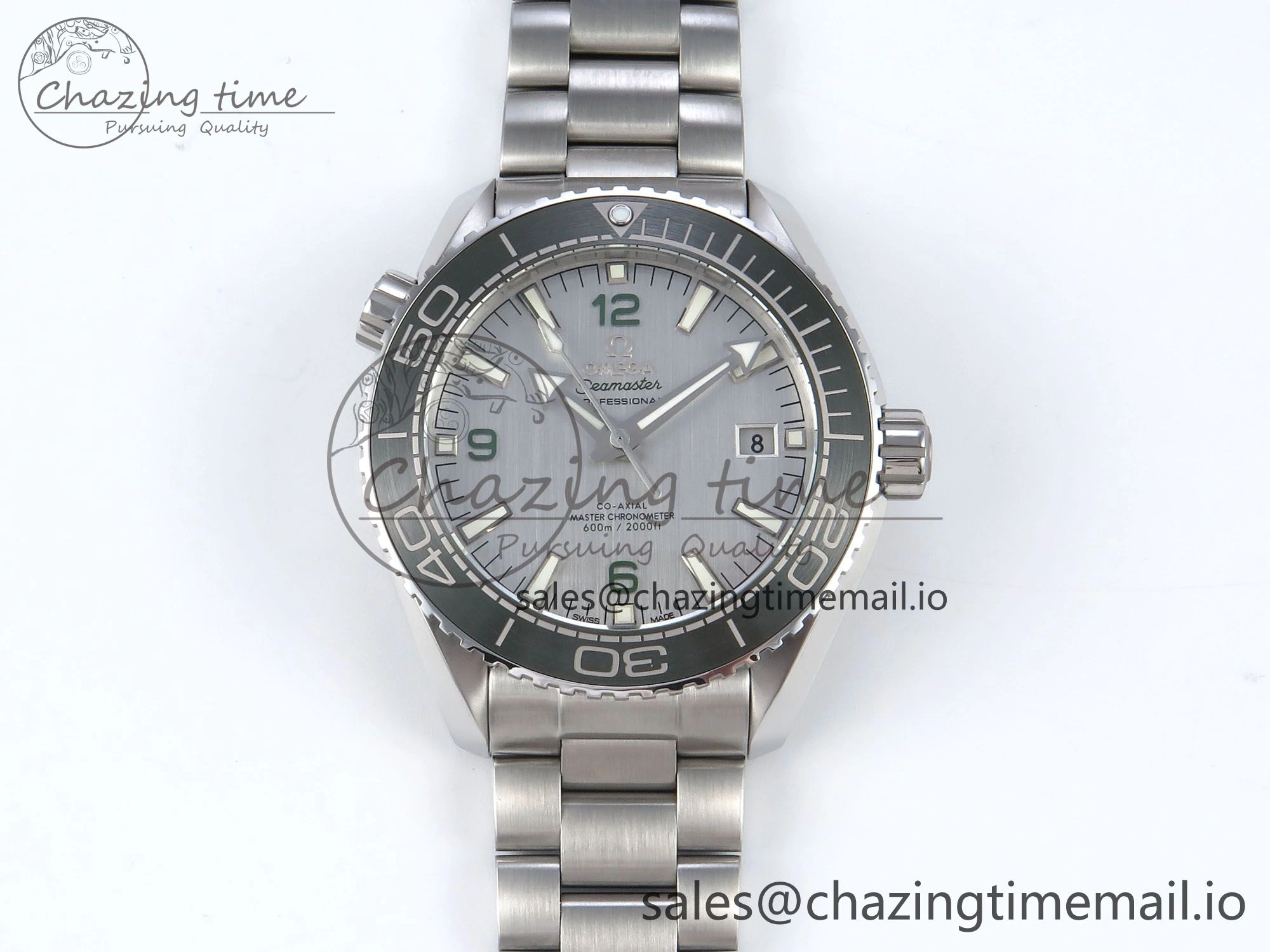 Seamaster Planet Ocean 600M 43.5mm SS SCF 1:1 Best Edition Green Bezel Gray Dial on SS Bracelet A8900 Super Clone FashionForward 7678