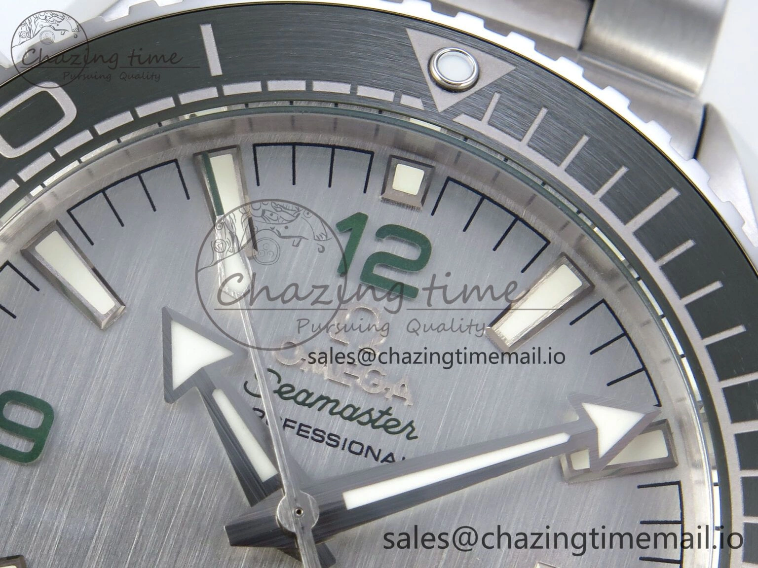 Seamaster Planet Ocean 600M 43.5mm SS SCF 1:1 Best Edition Green Bezel Gray Dial on SS Bracelet A8900 Super Clone FashionForward 7678