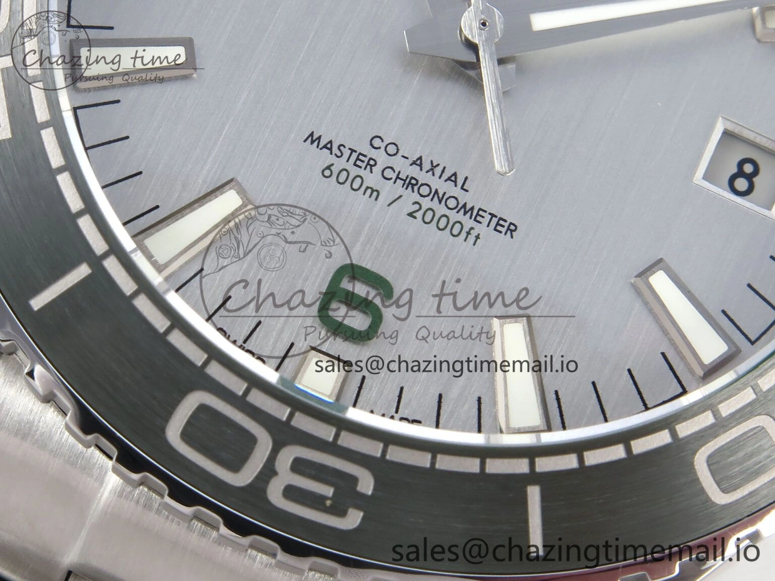 Seamaster Planet Ocean 600M 43.5mm SS SCF 1:1 Best Edition Green Bezel Gray Dial on SS Bracelet A8900 Super Clone FashionForward 7678