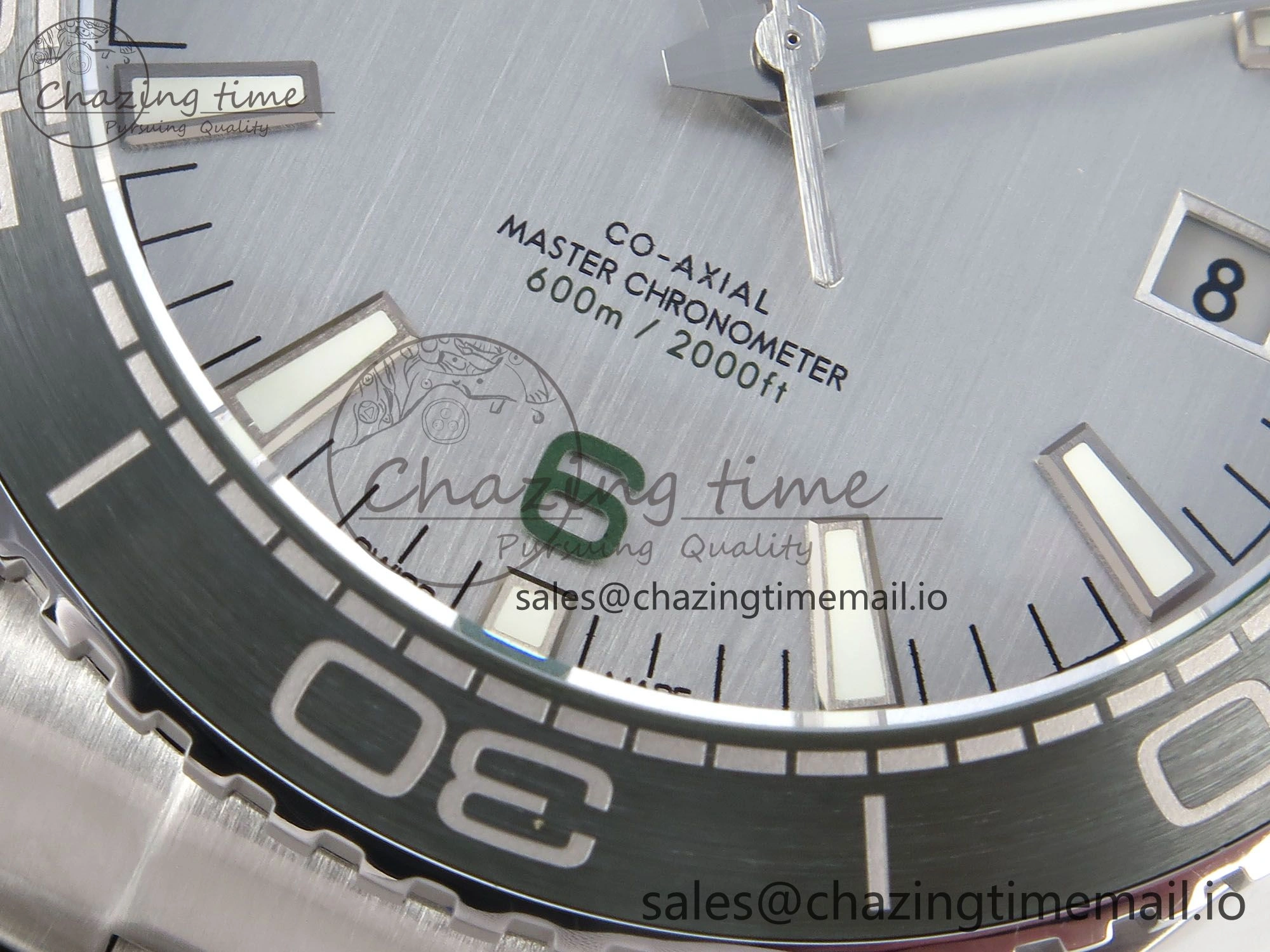 Seamaster Planet Ocean 600M 43.5mm SS SCF 1:1 Best Edition Green Bezel Gray Dial on SS Bracelet A8900 Super Clone FashionForward 7678