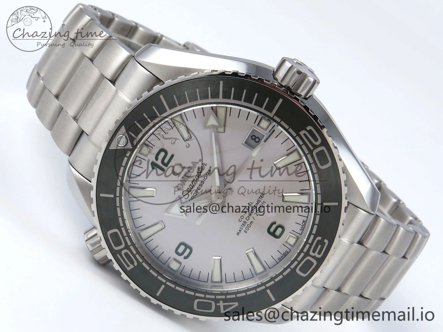 Seamaster Planet Ocean 600M 43.5mm SS SCF 1:1 Best Edition Green Bezel Gray Dial on SS Bracelet A8900 Super Clone FashionForward 7678
