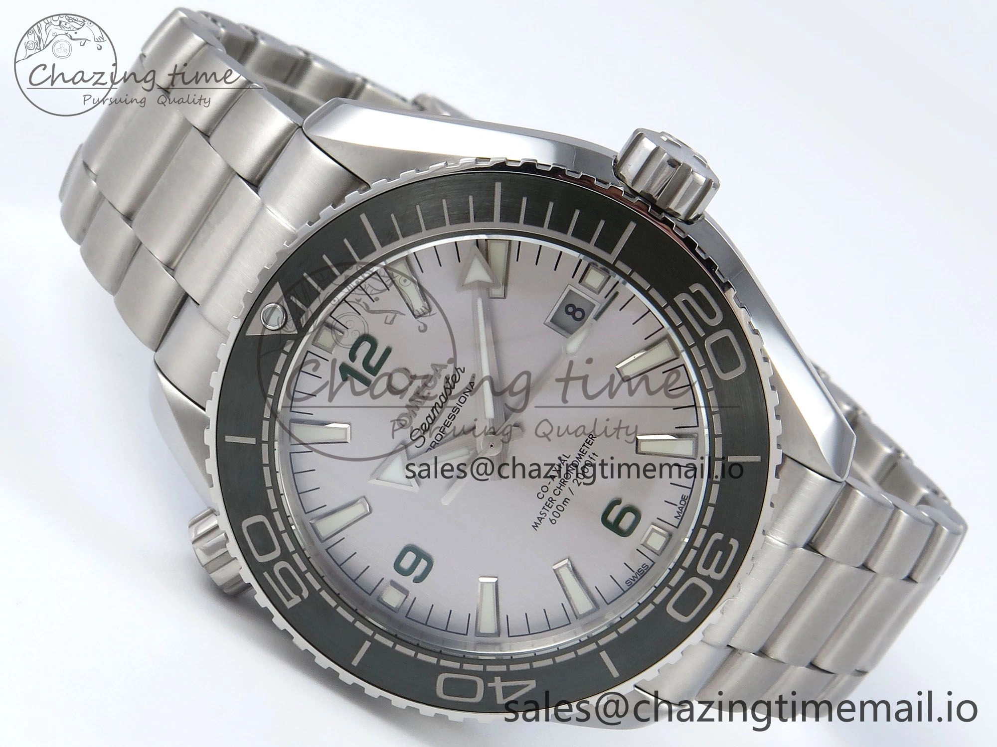 Seamaster Planet Ocean 600M 43.5mm SS SCF 1:1 Best Edition Green Bezel Gray Dial on SS Bracelet A8900 Super Clone FashionForward 7678