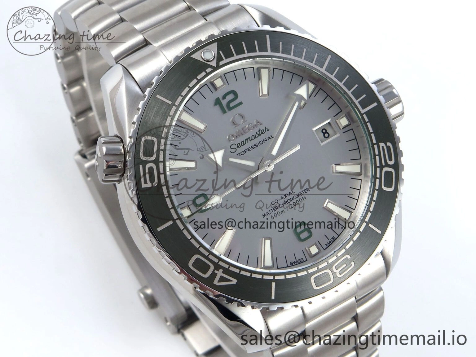 Seamaster Planet Ocean 600M 43.5mm SS SCF 1:1 Best Edition Green Bezel Gray Dial on SS Bracelet A8900 Super Clone FashionForward 7678