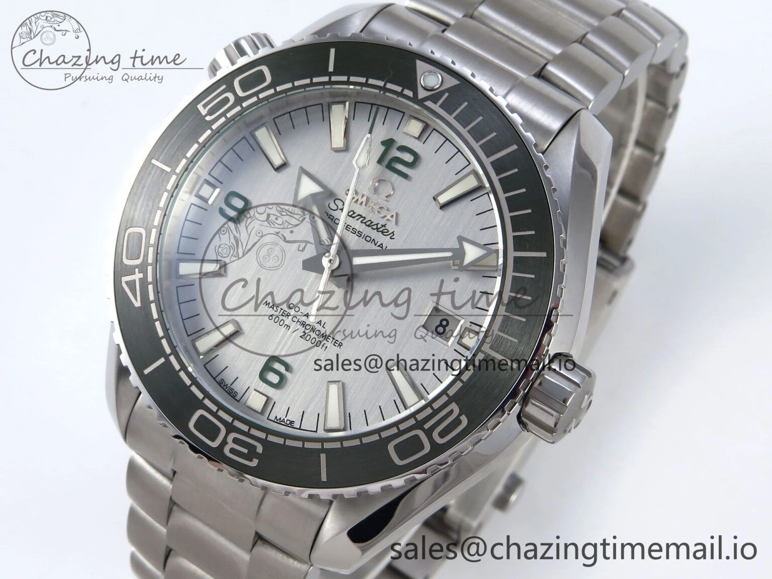 Seamaster Planet Ocean 600M 43.5mm SS SCF 1:1 Best Edition Green Bezel Gray Dial on SS Bracelet A8900 Super Clone FashionForward 7678