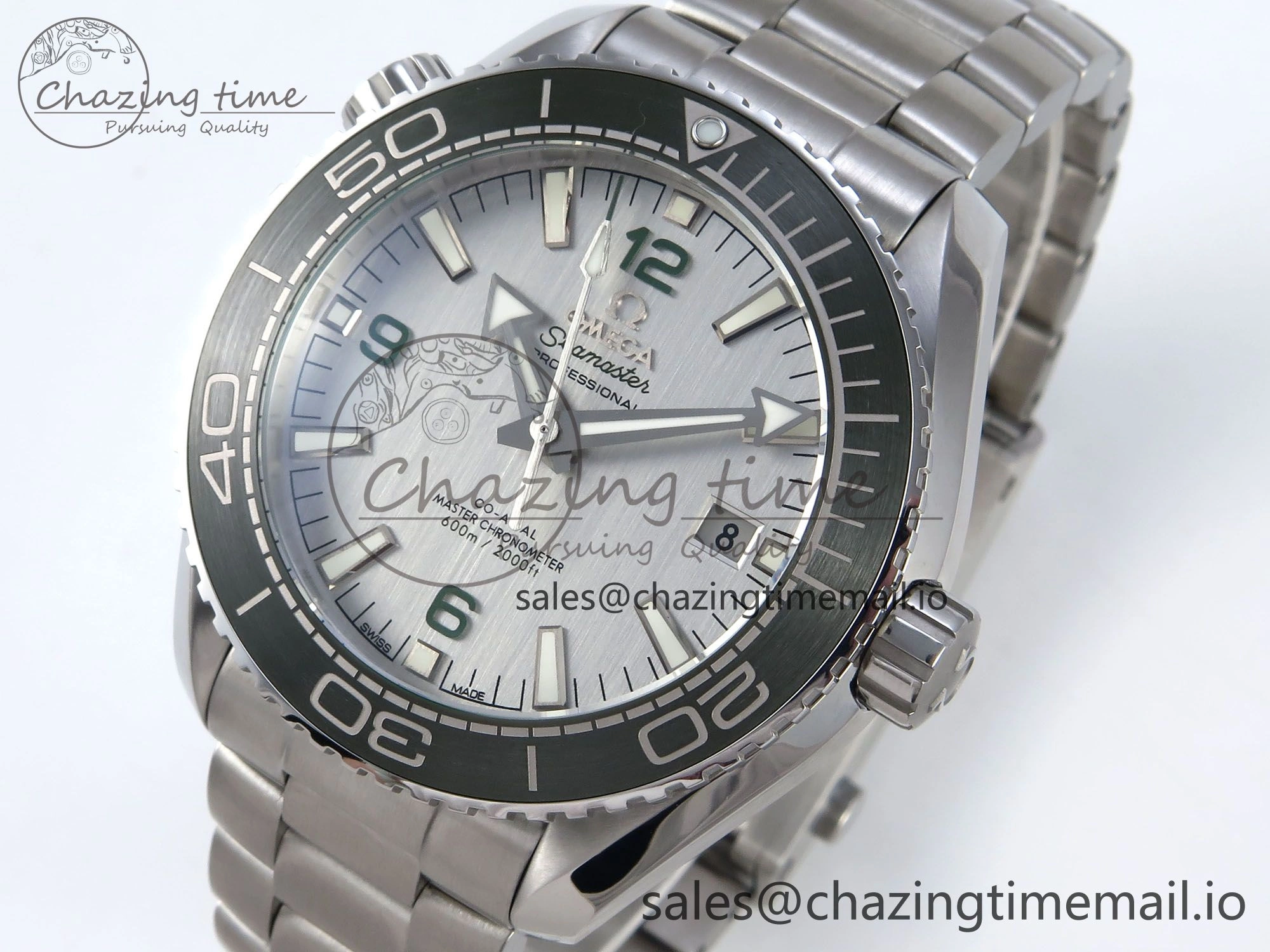 Seamaster Planet Ocean 600M 43.5mm SS SCF 1:1 Best Edition Green Bezel Gray Dial on SS Bracelet A8900 Super Clone FashionForward 7678