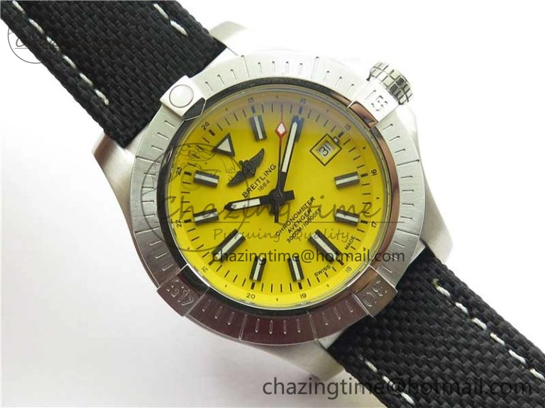 EyeCatching Seawolf 45mm SS B50 1:1 BestEdition SuperLumed Yellow Dial Black Sticks Markers on Black Nylon Strap A2824(SuperThick Crystal) 5560