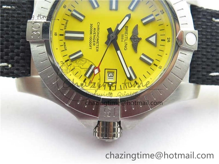 EyeCatching Seawolf 45mm SS B50 1:1 BestEdition SuperLumed Yellow Dial Black Sticks Markers on Black Nylon Strap A2824(SuperThick Crystal) 5560