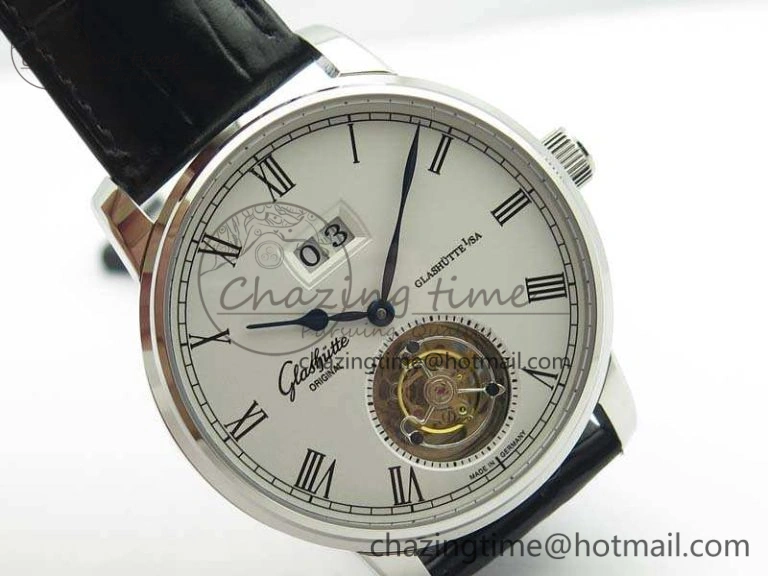 SportInspired Senator Meissen Tourbillon Double Date SS White Dial On Black Leather Strap 6642