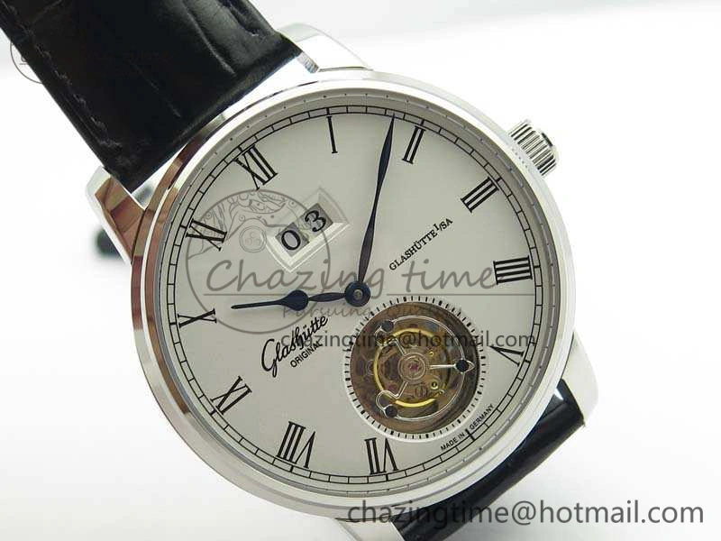 SportInspired Senator Meissen Tourbillon Double Date SS White Dial On Black Leather Strap 6642