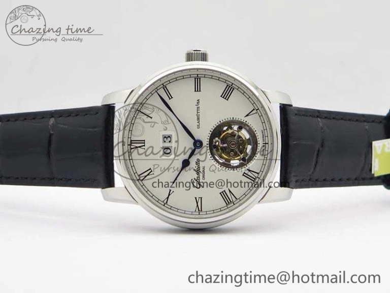 SportInspired Senator Meissen Tourbillon Double Date SS White Dial On Black Leather Strap 6642