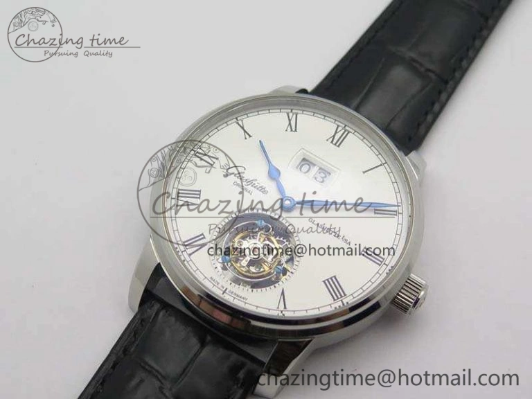 SportInspired Senator Meissen Tourbillon Double Date SS White Dial On Black Leather Strap 6642