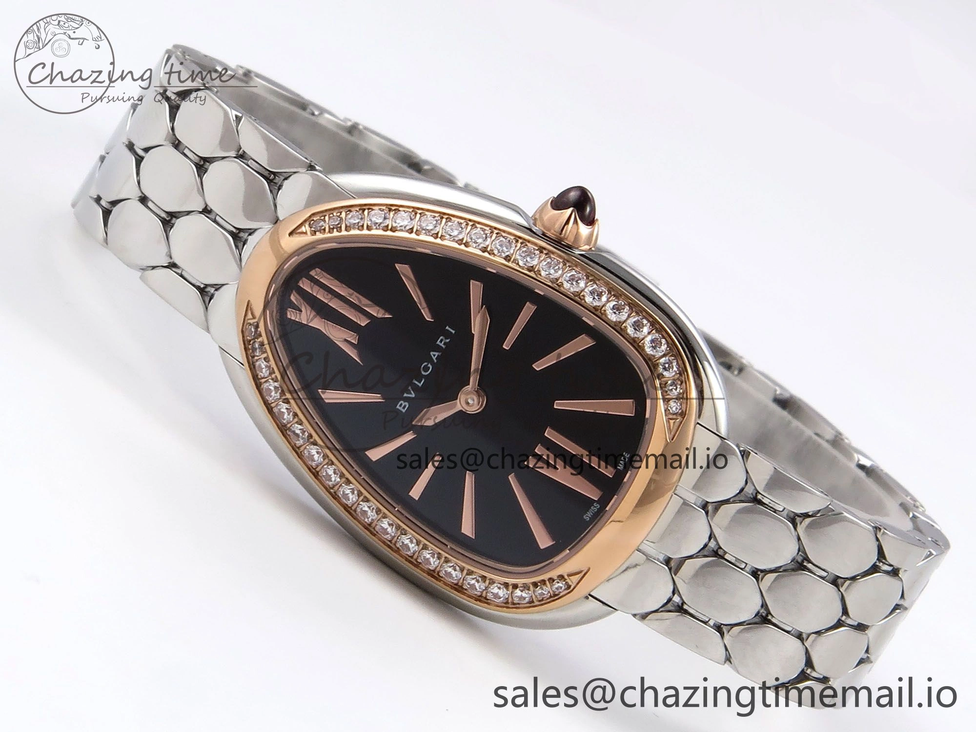 Lightweight Serpenti Seduttori Watch RG BVF 1:1 Best Edition Black Dial Diamonds Bezel on SS Bracelet Swiss Quartz 5813