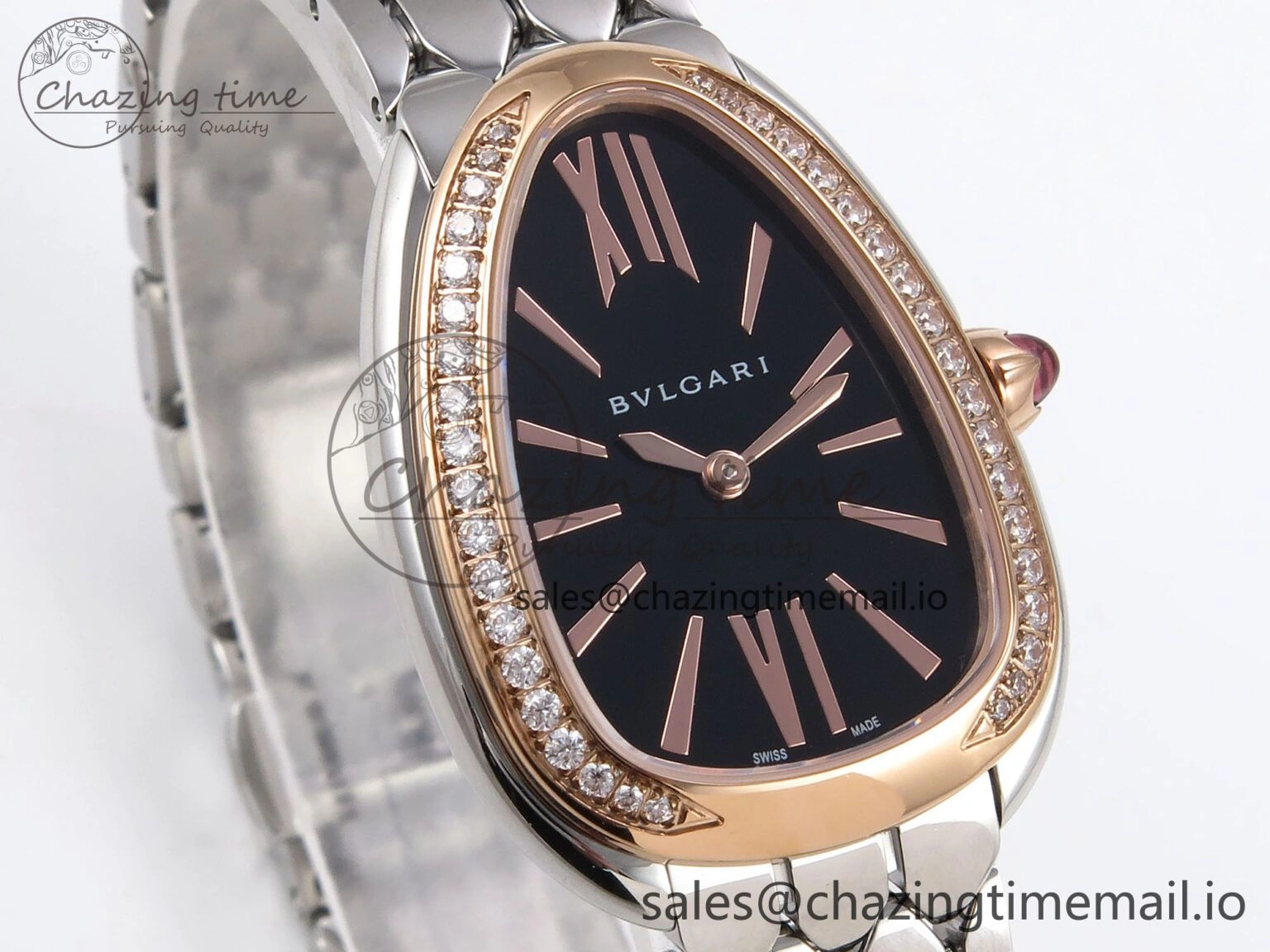 Lightweight Serpenti Seduttori Watch RG BVF 1:1 Best Edition Black Dial Diamonds Bezel on SS Bracelet Swiss Quartz 5813
