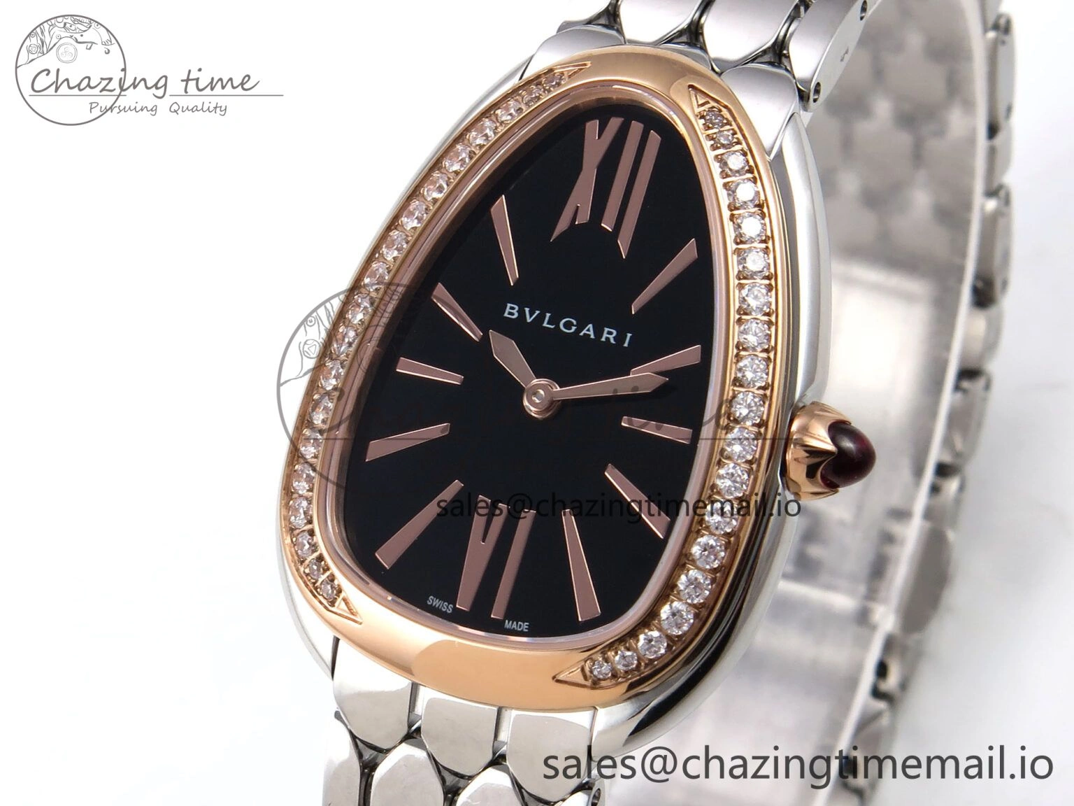 Lightweight Serpenti Seduttori Watch RG BVF 1:1 Best Edition Black Dial Diamonds Bezel on SS Bracelet Swiss Quartz 5813