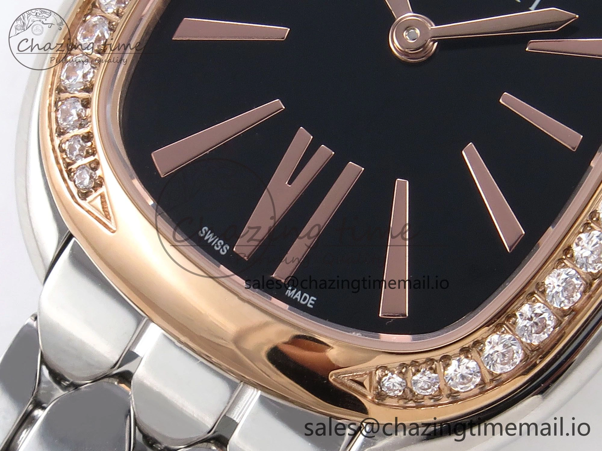 Lightweight Serpenti Seduttori Watch RG BVF 1:1 Best Edition Black Dial Diamonds Bezel on SS Bracelet Swiss Quartz 5813