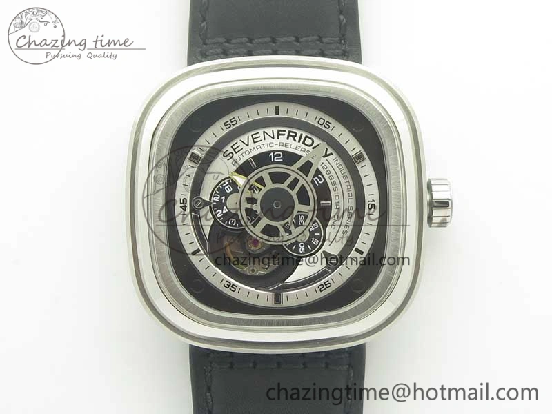 SunProtective SevenFriday P1-1 SVF 1:1 Best Edition Silver Dial on Leather Strap Miyota 82S7(Free Rubber Strap) 9623
