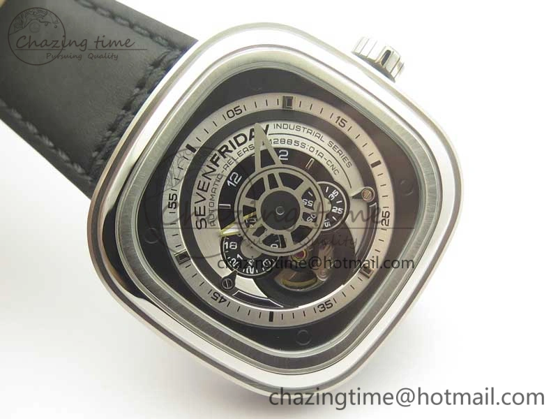 SunProtective SevenFriday P1-1 SVF 1:1 Best Edition Silver Dial on Leather Strap Miyota 82S7(Free Rubber Strap) 9623