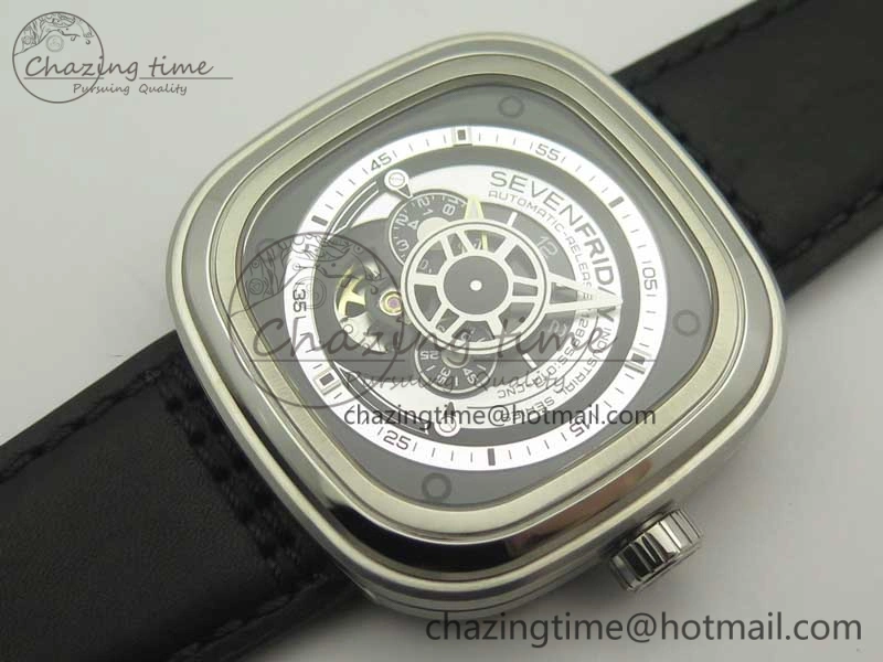 SunProtective SevenFriday P1-1 SVF 1:1 Best Edition Silver Dial on Leather Strap Miyota 82S7(Free Rubber Strap) 9623