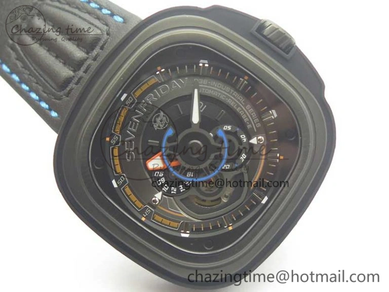 SevenFriday PVD P3B 01 SVF 1:1 Best Edition on Black Blue Leather Strap Miyota 82S7(Free Rubber Strap) DailyWear 9621