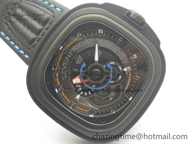 SevenFriday PVD P3B 01 SVF 1:1 Best Edition on Black Blue Leather Strap Miyota 82S7(Free Rubber Strap) DailyWear 9621
