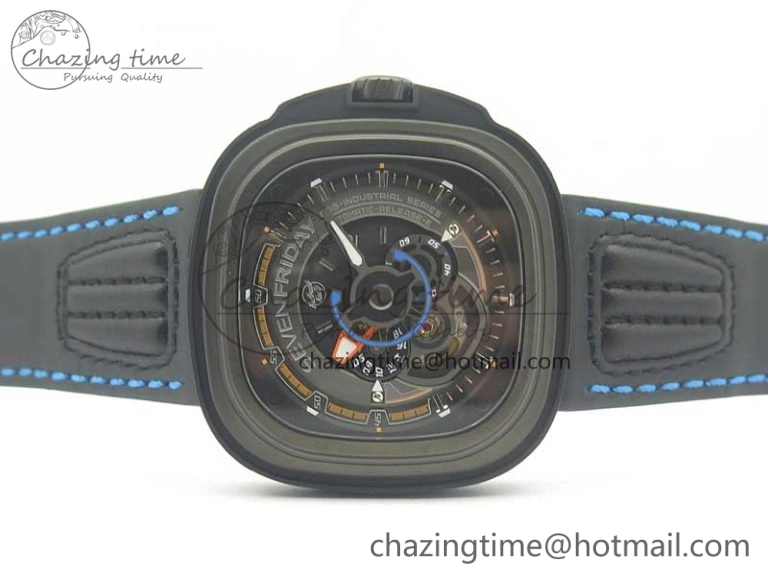 SevenFriday PVD P3B 01 SVF 1:1 Best Edition on Black Blue Leather Strap Miyota 82S7(Free Rubber Strap) DailyWear 9621