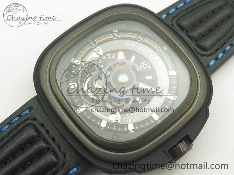 SevenFriday PVD P3B 01 SVF 1:1 Best Edition on Black Blue Leather Strap Miyota 82S7(Free Rubber Strap) DailyWear 9621