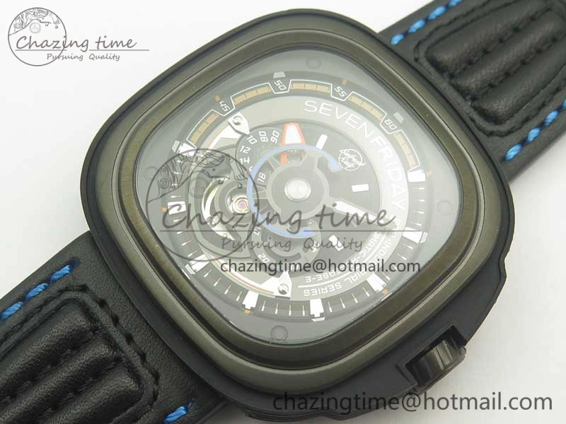SevenFriday PVD P3B 01 SVF 1:1 Best Edition on Black Blue Leather Strap Miyota 82S7(Free Rubber Strap) DailyWear 9621