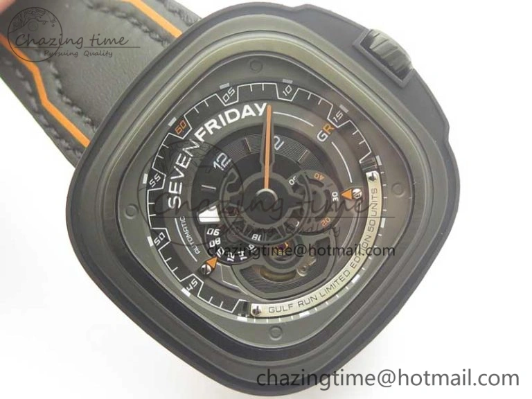 GoAnywhere SevenFriday PVD P3B 01 SVF 1:1 Best Edition on Black Orange Leather Strap Miyota 82S7(Free Rubber Strap) 9619