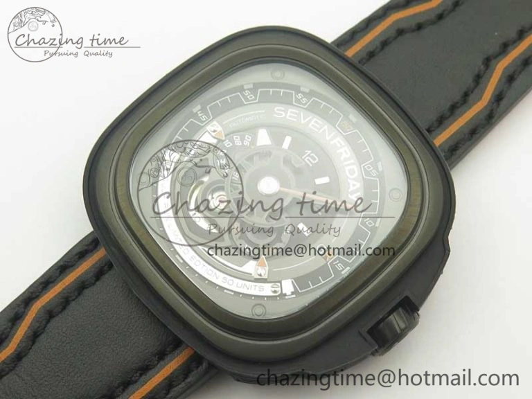 GoAnywhere SevenFriday PVD P3B 01 SVF 1:1 Best Edition on Black Orange Leather Strap Miyota 82S7(Free Rubber Strap) 9619