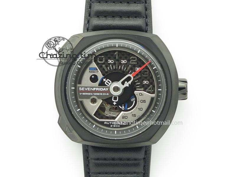 Unique SevenFriday PVD V3-01 V6F 1:1 Best Edition Black Silver Dial On Black Leather Strap Miyota 82S 9637