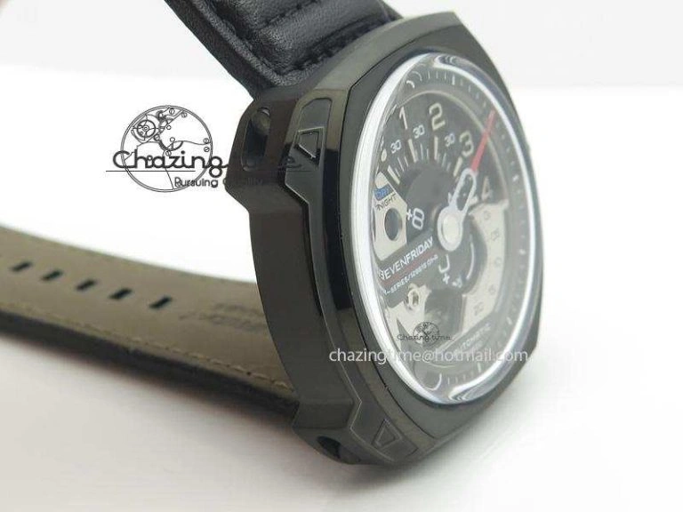 Unique SevenFriday PVD V3-01 V6F 1:1 Best Edition Black Silver Dial On Black Leather Strap Miyota 82S 9637