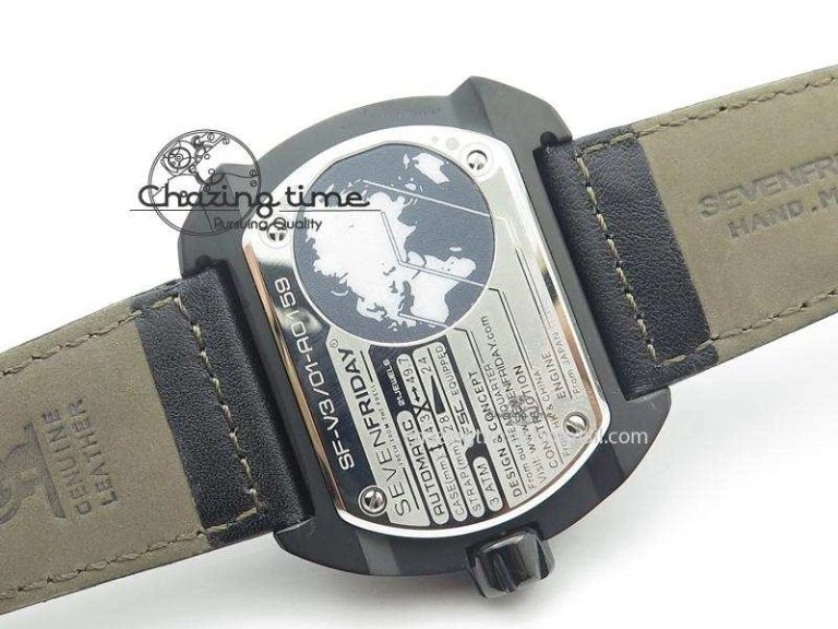 Unique SevenFriday PVD V3-01 V6F 1:1 Best Edition Black Silver Dial On Black Leather Strap Miyota 82S 9637