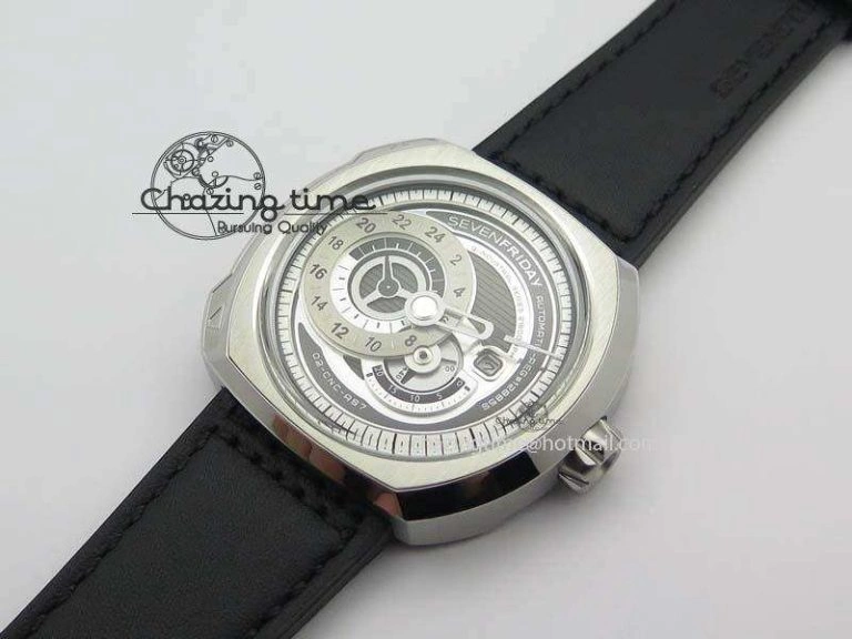 Fashionable SevenFriday Q1-01 V6F 1:1 Best Edition Silver Dial On Black Leather Strap Miyota 82S 9631