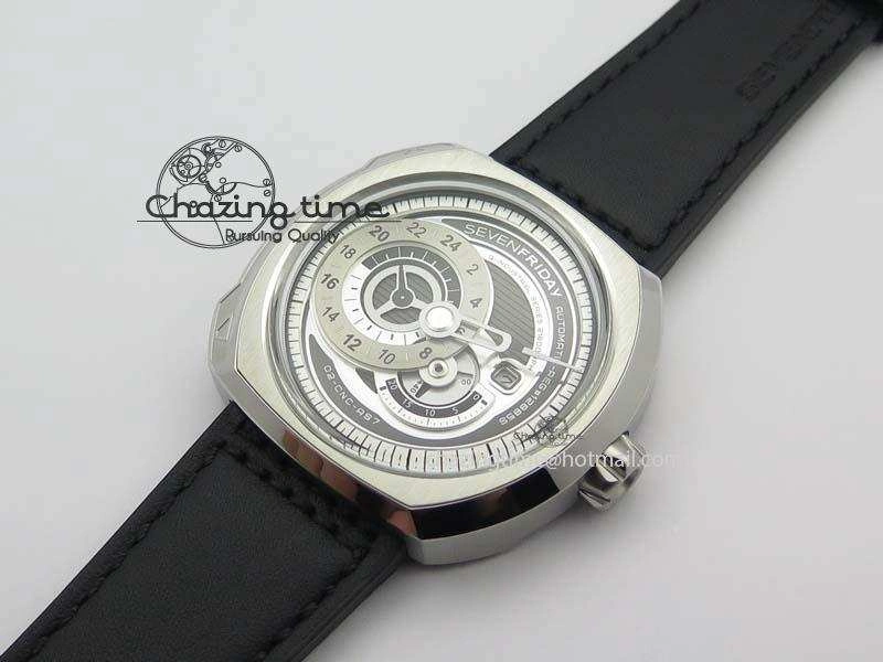 Fashionable SevenFriday Q1-01 V6F 1:1 Best Edition Silver Dial On Black Leather Strap Miyota 82S 9631