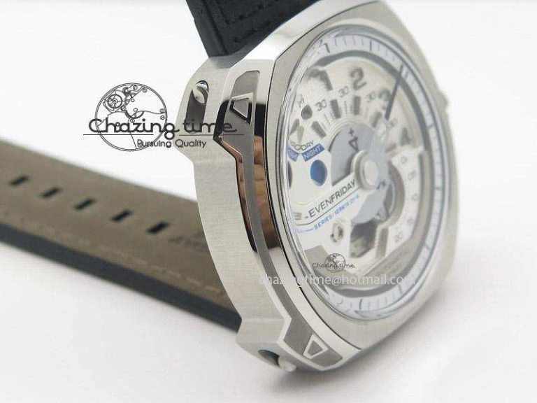Original SevenFriday V1-01 V6F 1:1 Best Edition Silver Dial On Black Leather Strap Miyota 82S 9649