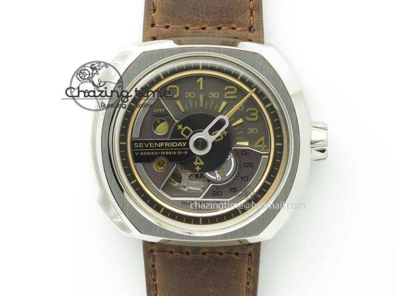 OdorResistant SevenFriday V2-01 V6F 1:1 Best Edition Black Silver Dial On Brown Leather Strap Miyota 82S 9639