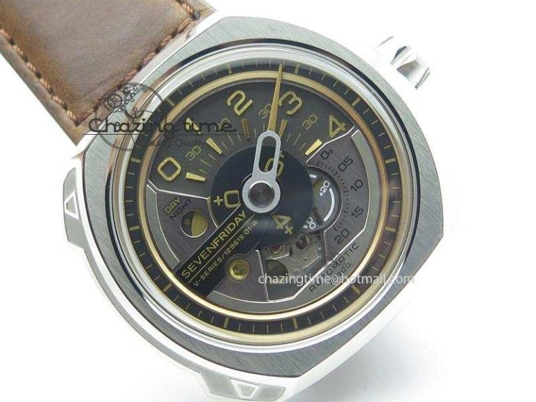 OdorResistant SevenFriday V2-01 V6F 1:1 Best Edition Black Silver Dial On Brown Leather Strap Miyota 82S 9639